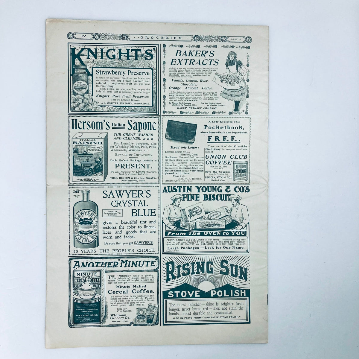 Interior page of VTG The Youth's Companion Magazine dated September 5, 1901, showcasing vintage advertisements and promotions.