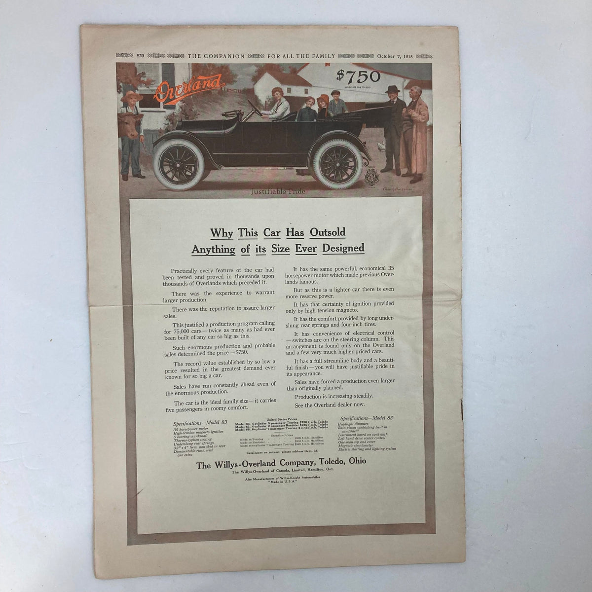 Image from VTG The Youth's Companion Magazine dated October 7, 1915, featuring an advertisement for the Overland car, highlighting its value of $750, and depicting characters interacting around the vehicle.