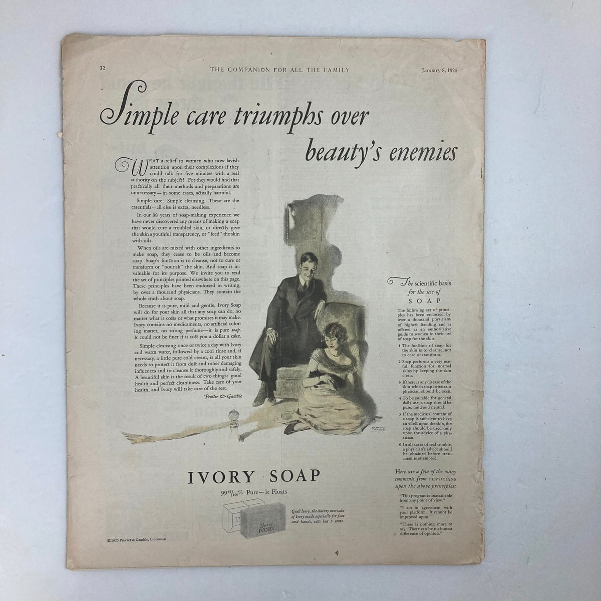 Advertisement page from VTG The Youth's Companion Magazine January 8 1925, promoting Ivory Soap, featuring a vintage illustration and text highlighting beauty care.