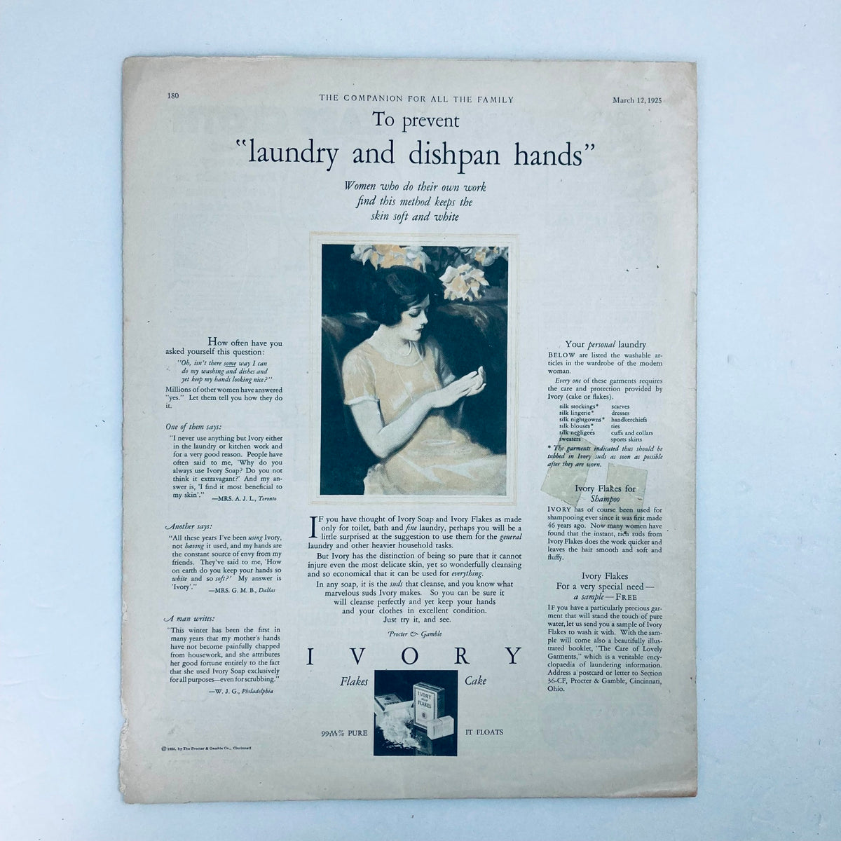 Interior page of VTG The Youth's Companion Magazine March 12, 1925, with an advertisement for 'Ivory' soap and tips for preventing laundry and dishpan hands.