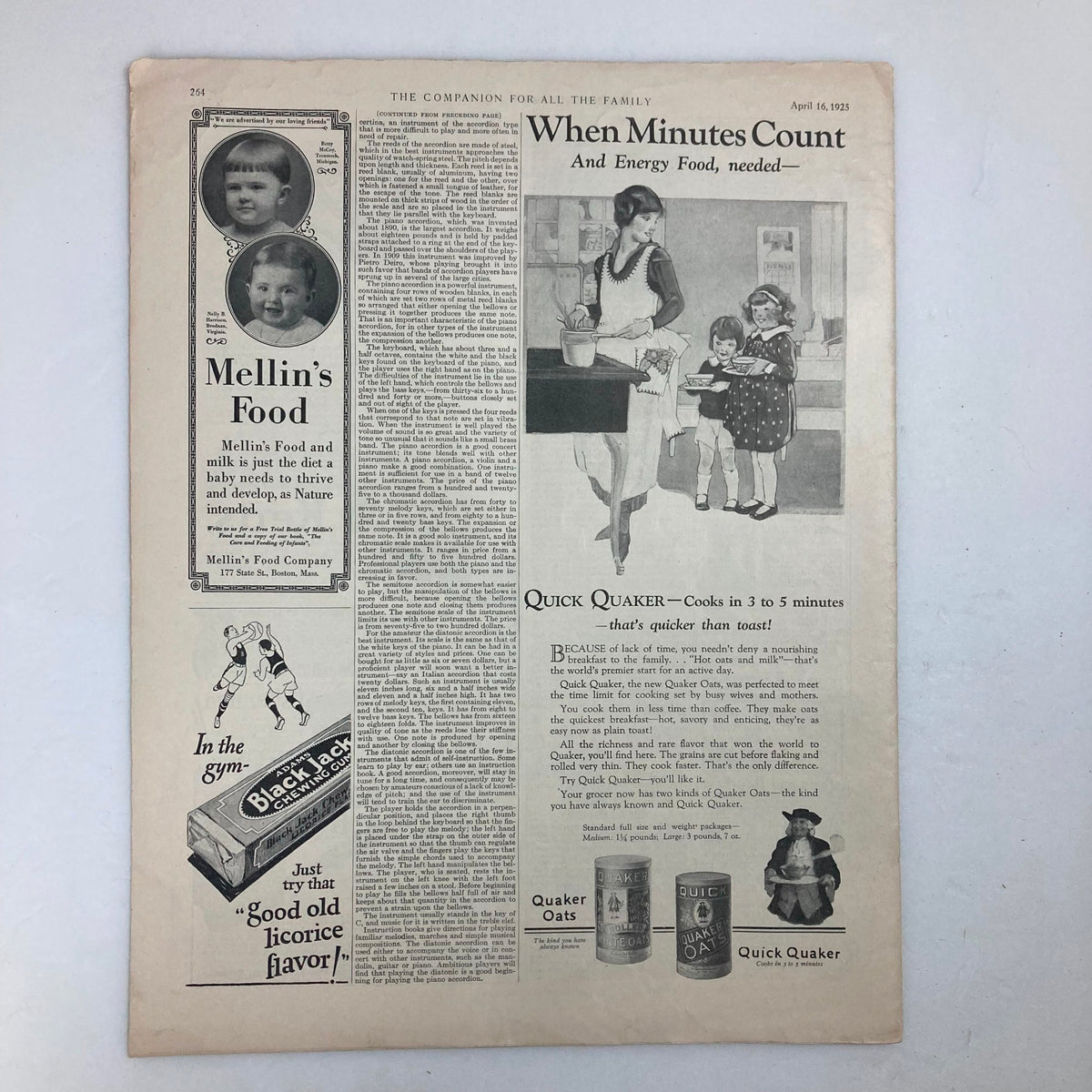 Inside page of The Youth's Companion Magazine from April 16, 1925, showcasing an article titled "When Minutes Count" along with vintage advertisements and illustrations for food products.