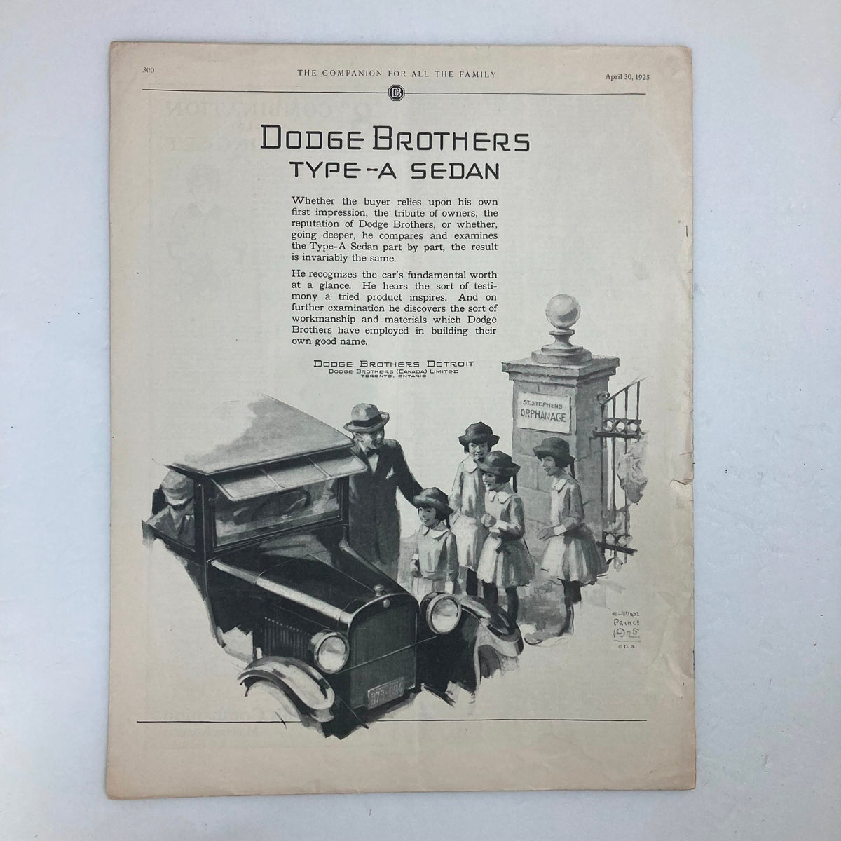 Back cover of VTG The Youth's Companion Magazine April 30, 1925, Vol 99 #18 displaying an advertisement for Dodge Brothers Type-A Sedan with an image of the car and reference to the quality of the vehicle.