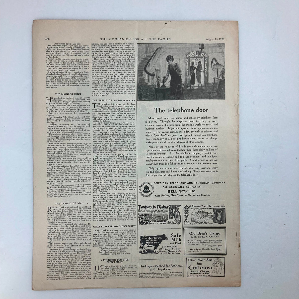Interior page of VTG The Youth's Companion Magazine August 13 1925 Vol 99 #33, showcasing the article titled 'The Telephone Door' alongside advertisements from the era.