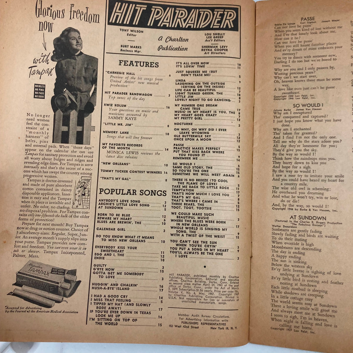 Interior pages of VTG Hit Parader Magazine May 1947 showing features and popular songs, illustrating the magazine's content and the era's musical landscape.