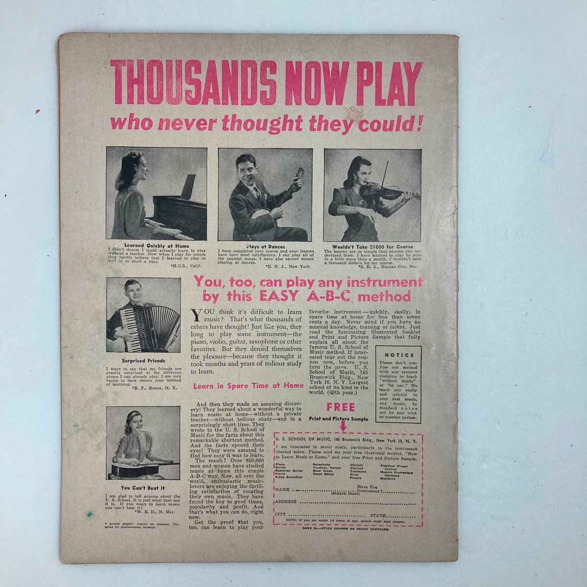 Back cover of VTG Hit Parader Magazine May 1947, advertising music learning opportunities, highlighting the magazine's connection to music education in the 1940s.