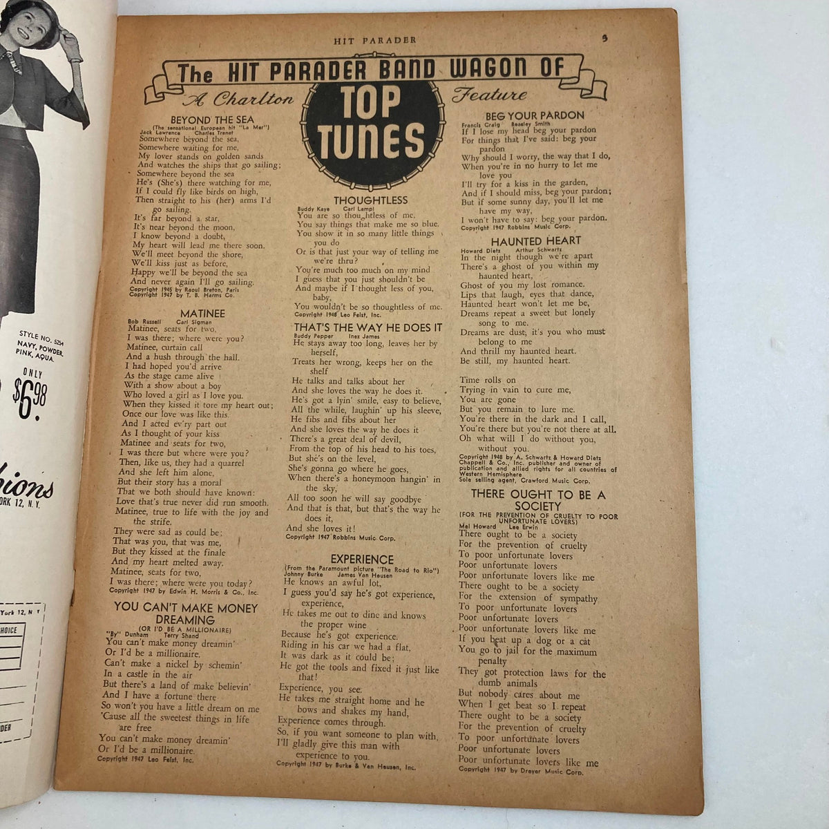 Interior page of VTG Hit Parader Magazine June 1948, featuring music lyrics and highlights from classic tunes of the era.
