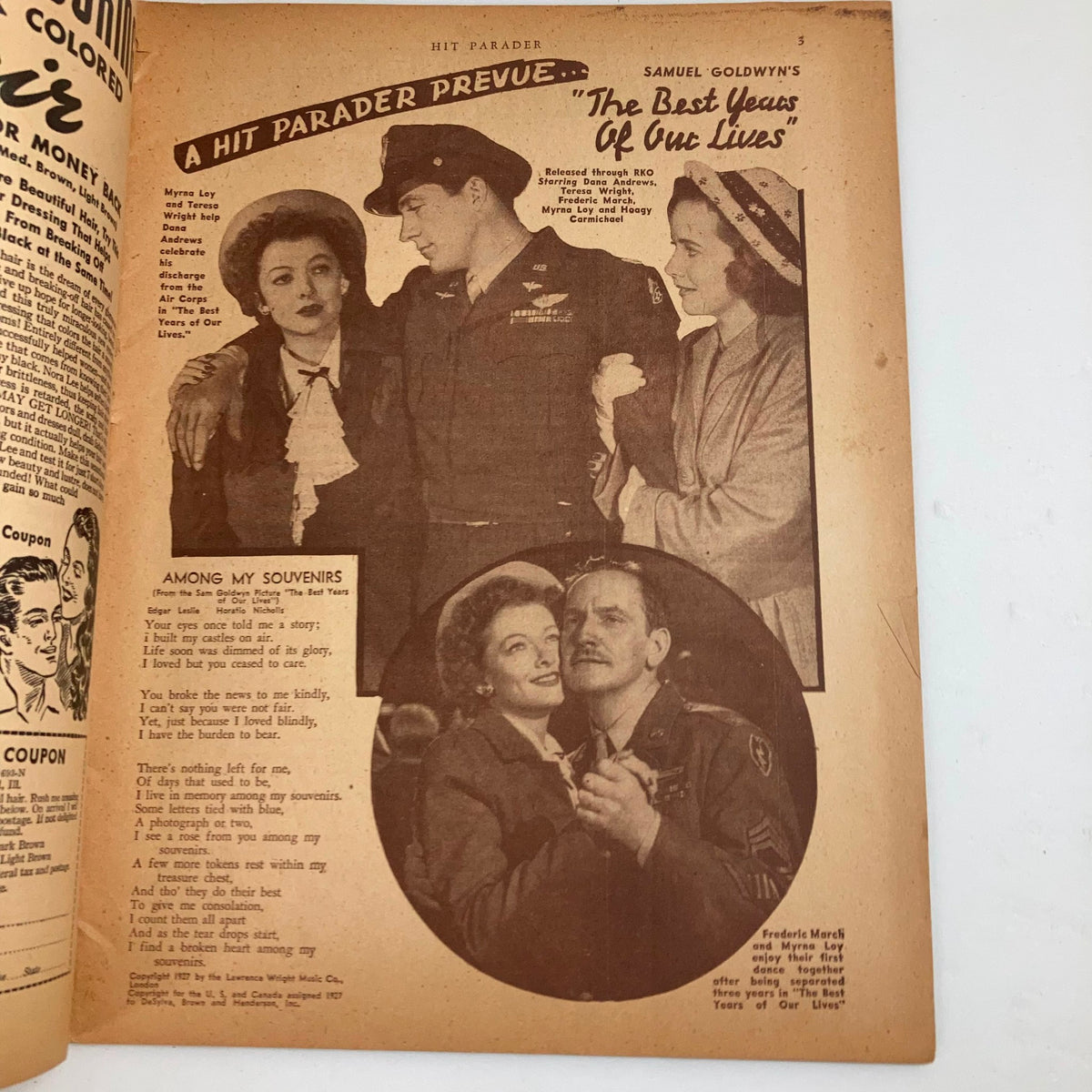 Inside page of February 1947 Hit Parader Magazine featuring Myrna Loy and a cinematic preview of 'The Best Years of Our Lives', a classic film of its era.