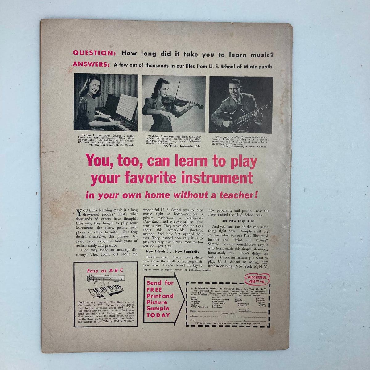 Back cover of VTG Hit Parader Magazine July 1947 advertising music education and features testimonials from students.