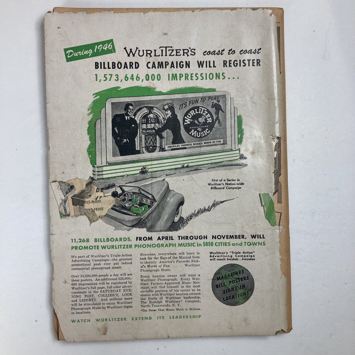Back cover of VTG The Billboard Magazine from May 4, 1946 with Wurlitzer advertisement promoting musical instruments and phonographs.