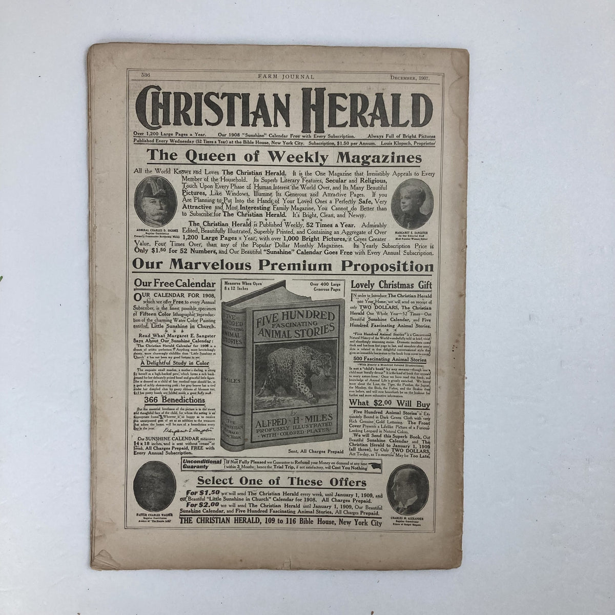 Cover of the Christian Herald magazine from December 1907 highlighting various articles and an advertisement for a premium subscription service.