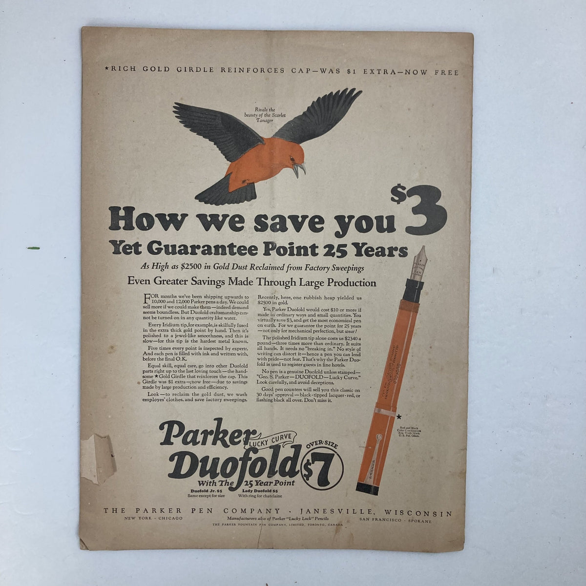 Back cover of VTG Christian Herald Magazine February 9 1924, displaying an advertisement for Parker Duofold pens with a vintage illustration of a bird.
