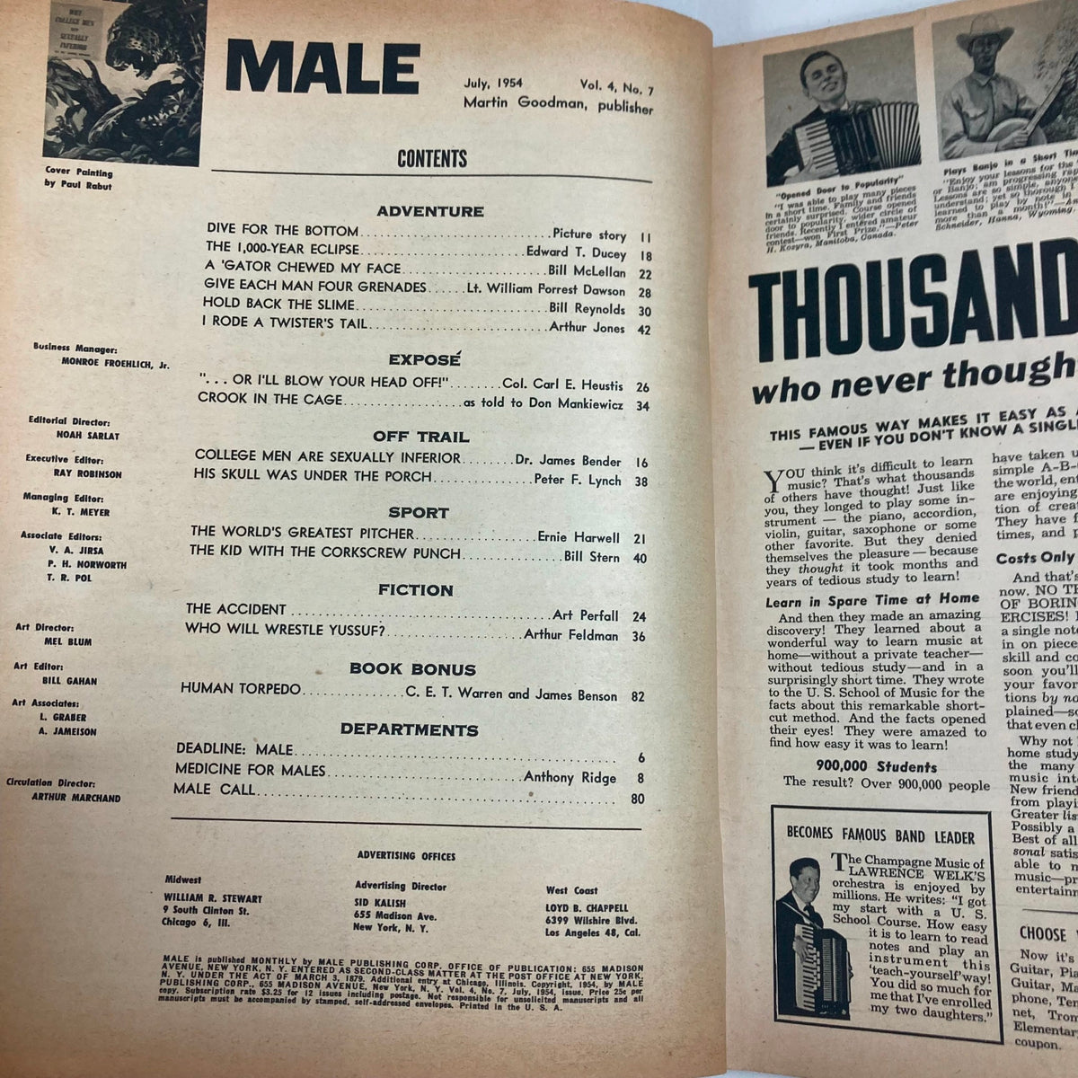 Contents page of VTG Male Magazine July 1954 Vol 4 No. 7 featuring articles such as 'A Gator Chewed My Face' and other intriguing topics.