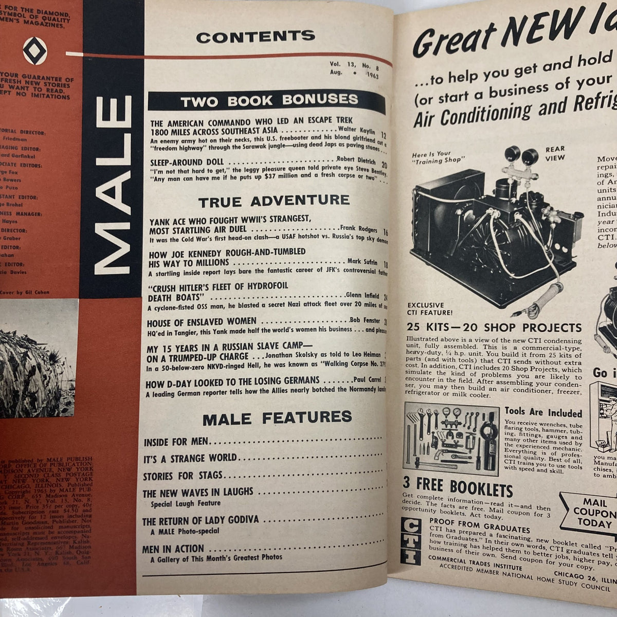 Contents page of VTG Male Magazine August 1963 Vol 13 No. 8, detailing articles including 'The American Commando Who Led an Escape Trek 1800 Miles Across Southeast Asia' and 'How D-Day Looked to the Losing Germans'.