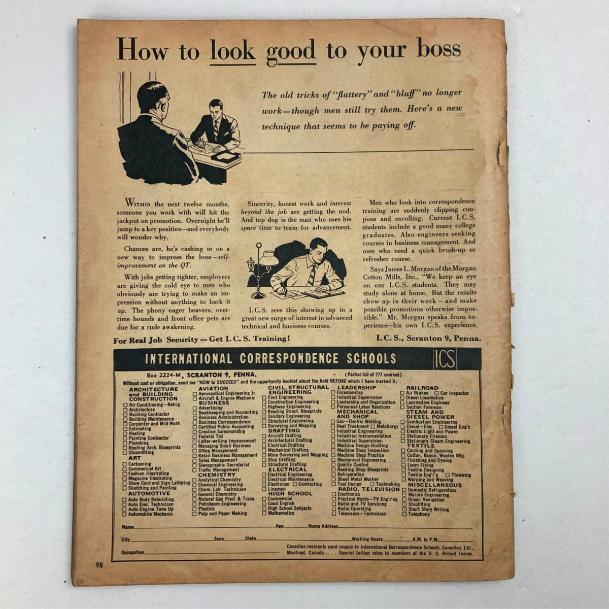 Back page of VTG Male Magazine August 1954 Vol 4 No. 8 with an article titled 'How to Look Good to Your Boss' discussing job security and correspondence training options.