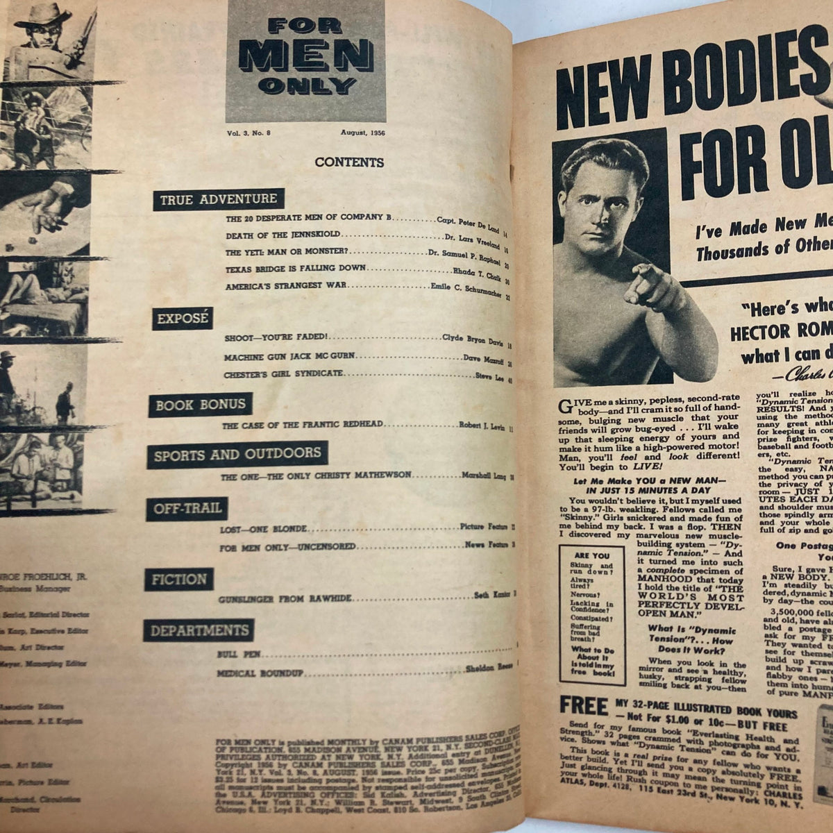 Inside page of VTG For Men Magazine August 1956 Vol 3 No. 8 displaying the table of contents including articles and stories about true adventures, exposé, and fiction.