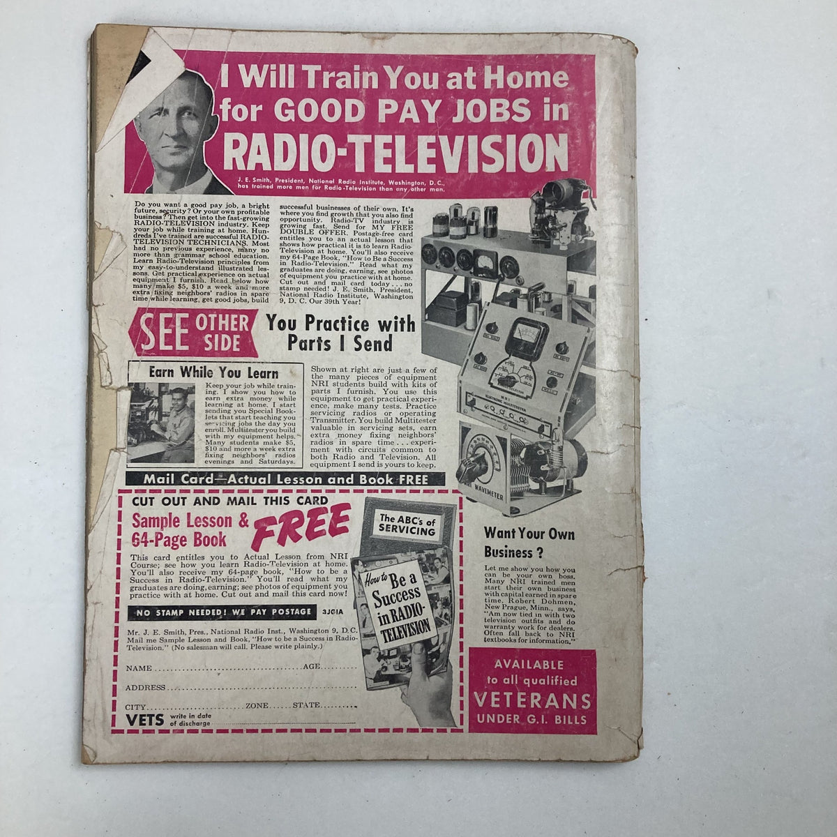 Back cover of VTG Male Magazine October 1953 Vol 3 No. 10, advertising training for good pay jobs in radio-television, showcasing equipment and learning opportunities.