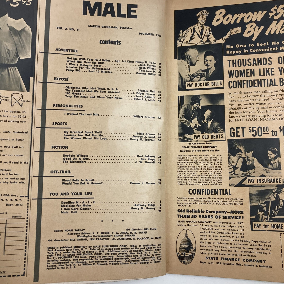 Contents page from VTG Male Magazine December 1952, Vol 2 No. 11, listing articles such as 'Oklahoma City: Hot Town, U.S.A.' and 'My Greatest Sport Thrill'.