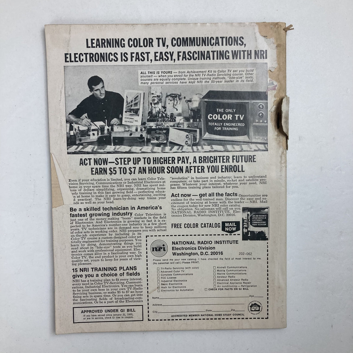 Back cover of VTG Male Magazine June 1972 showcasing an advertisement for the National Radio Institute and electronics training courses.
