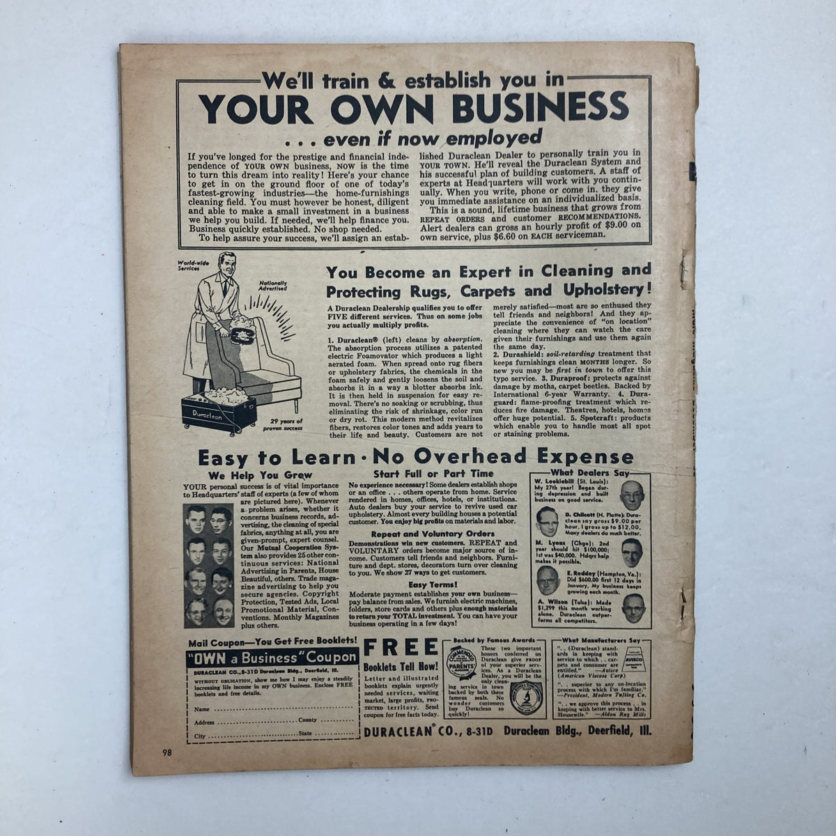 Back cover of VTG Male Magazine December 1958 Vol 8 No. 12 featuring an advertisement related to starting a business, highlighting available training opportunities.