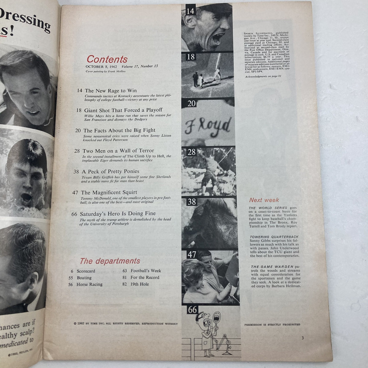Contents page of the Sports Illustrated Magazine from October 8, 1962, Volume 17, Number 15, highlighting articles and features including Tommy McDonald.