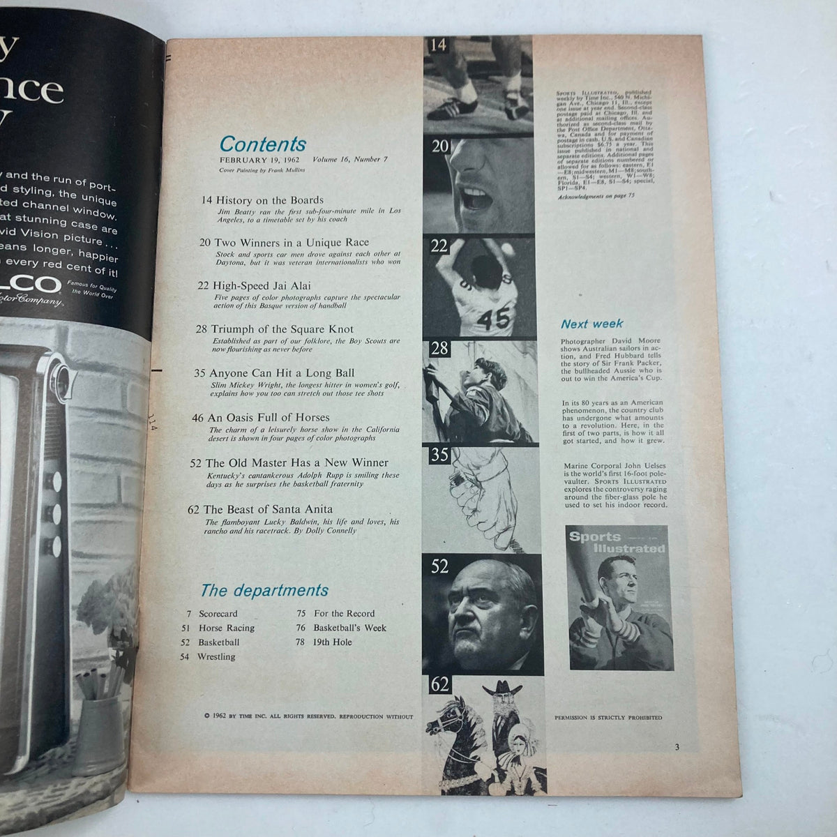 Contents page of the Sports Illustrated Magazine from February 19, 1962, Volume 16, Number 7, listing articles such as 'History on the Boards' and 'High-Speed Jai Alai'.