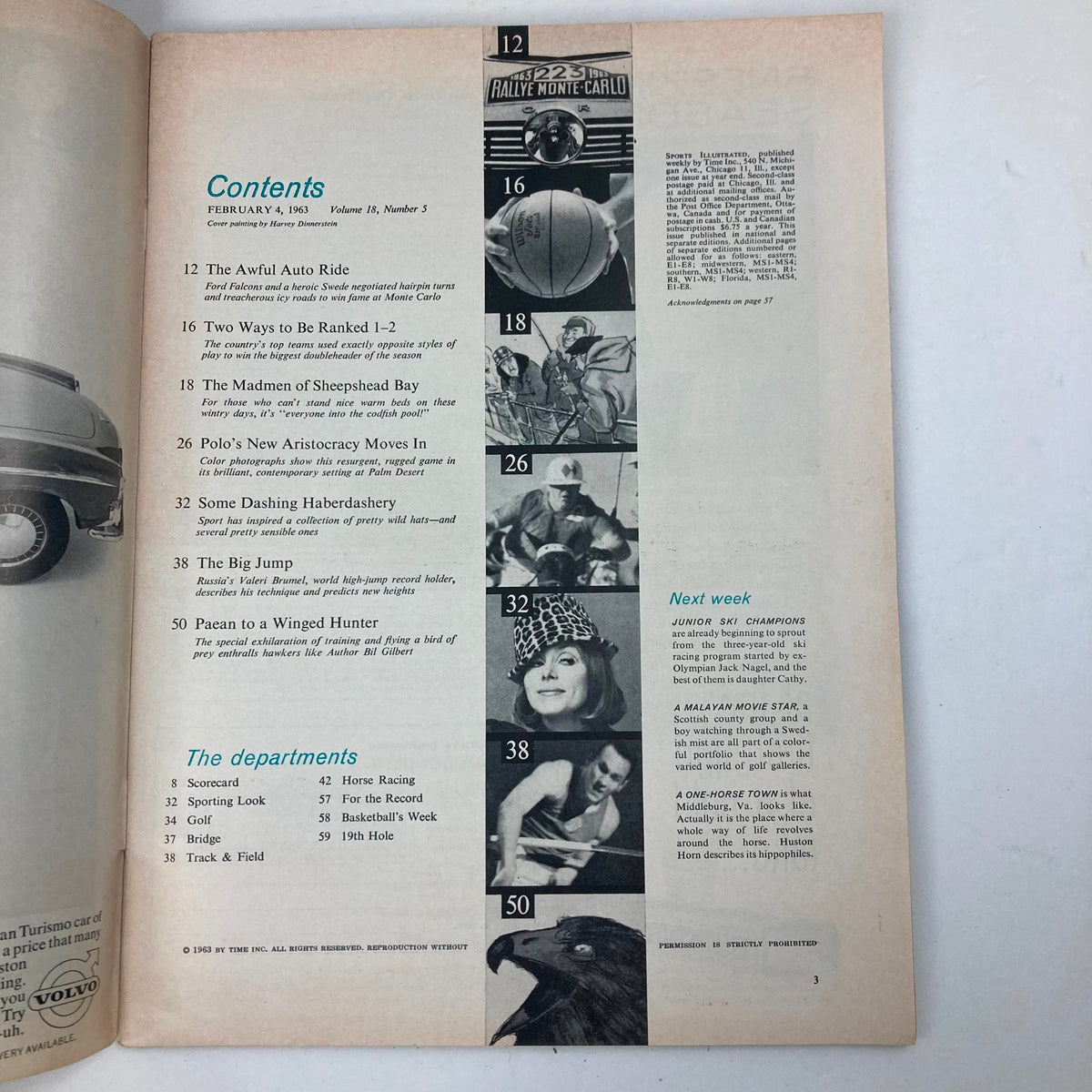 Contents page of Sports Illustrated Magazine February 4, 1963, Vol 18 No. 5, detailing articles including 'The Big Jump' featuring Valeri Brumel, and other sports-related features from the magazine.