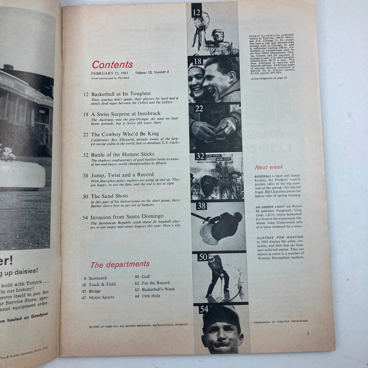 Sports Illustrated Magazine February 25, 1963 contents page displaying articles including 'Basketball at Its Toughest' and 'The Cowboy Who'd Be King' among others.