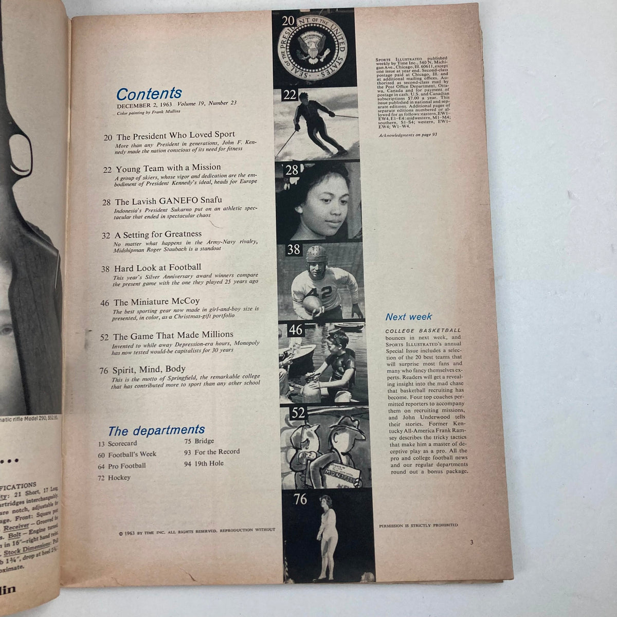 Contents page of the Sports Illustrated magazine from December 2, 1963, Volume 19, Number 23 featuring articles on various sports topics, including Roger Staubach and the impact of football, showcasing the magazine's historical significance in American sports culture.