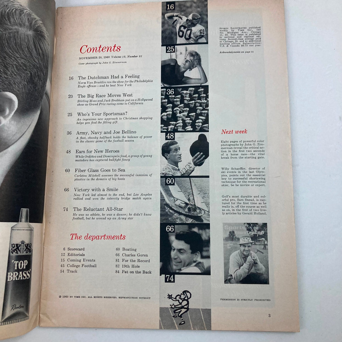 Contents page of VTG Sports Illustrated Magazine November 28, 1960, Vol 13 No. 22 listing articles including Army, Navy and Joe Bellino.