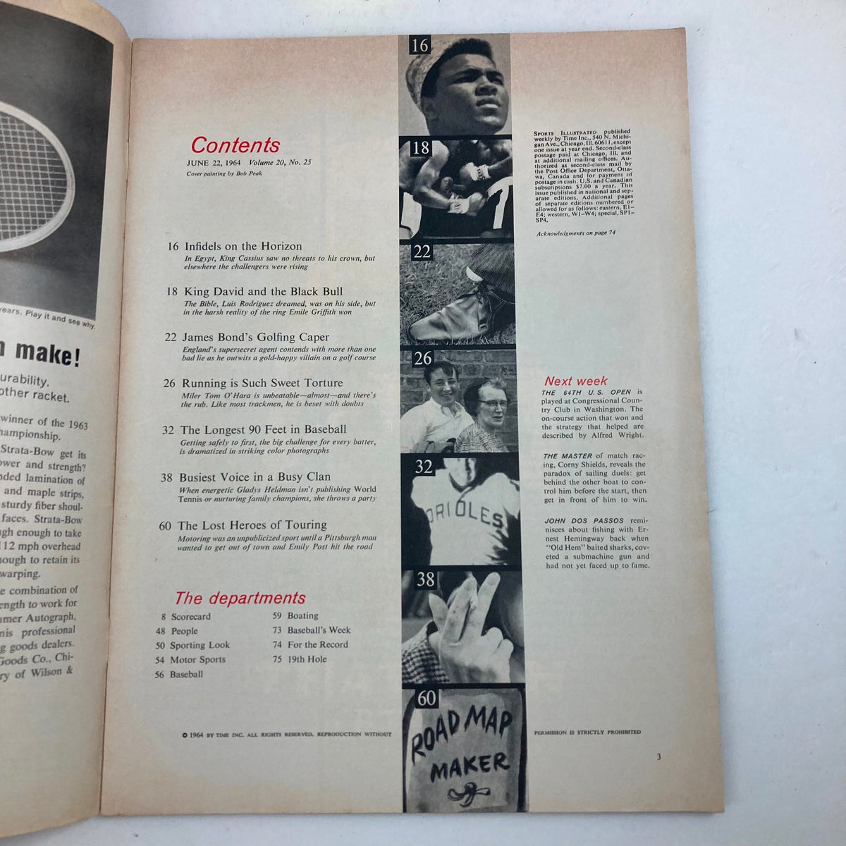 Contents page of the Sports Illustrated Magazine from June 22, 1964, Vol 20 No. 25 featuring key articles including 'Running is Such Sweet Torture', 'Longest 90 Feet in Baseball', and more, highlighting the vibrant sports culture of the 1960s.