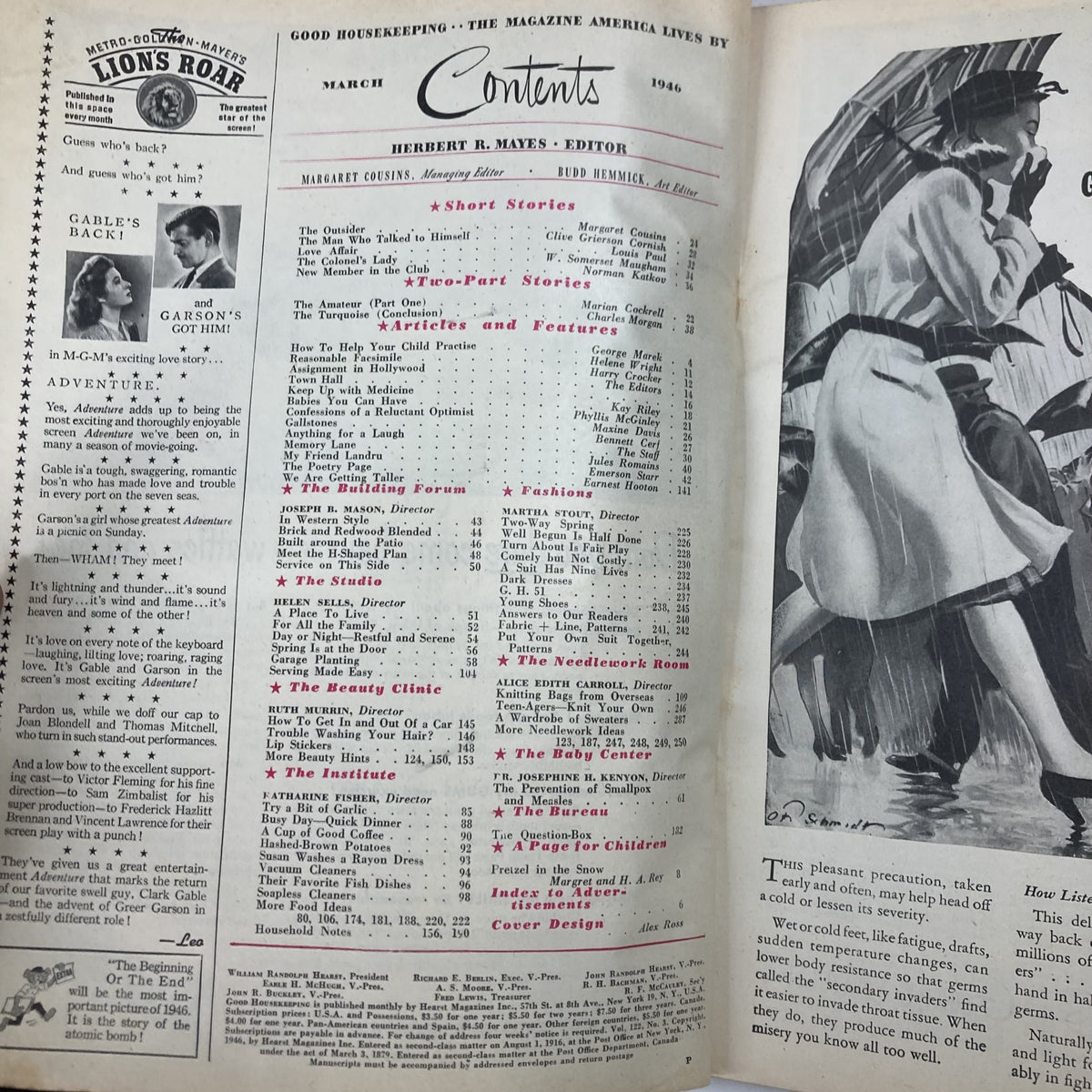 Contents page of VTG Good Housekeeping Magazine March 1946 featuring articles and features related to home, health, and lifestyle.