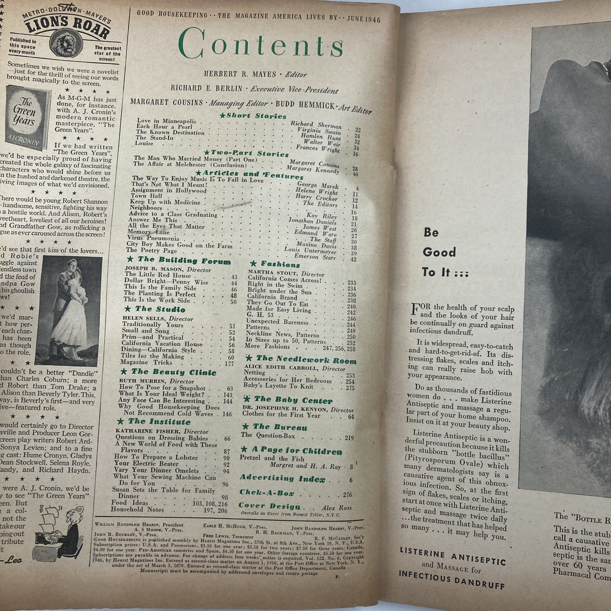 Table of contents from the VTG Good Housekeeping Magazine June 1946, featuring Richard Sherman's First Short Story, showcasing articles and stories of mid-20th century life.