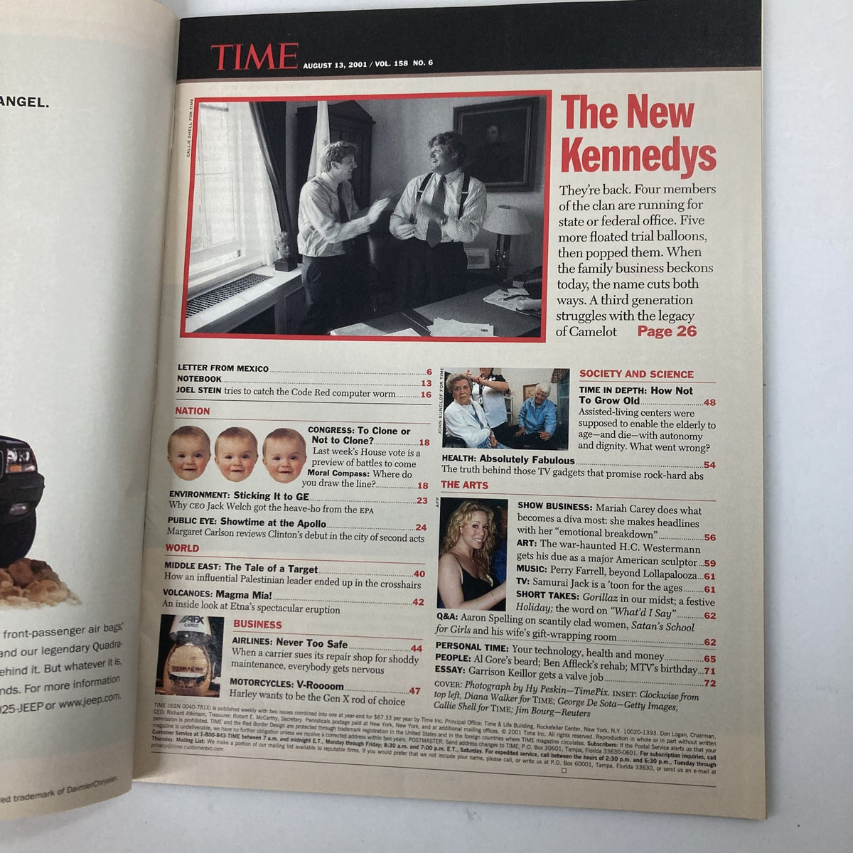 Interior page of Time Magazine August 13 2001, Vol 158 No. 6 detailing The New Kennedys, highlighting political themes and family legacy.