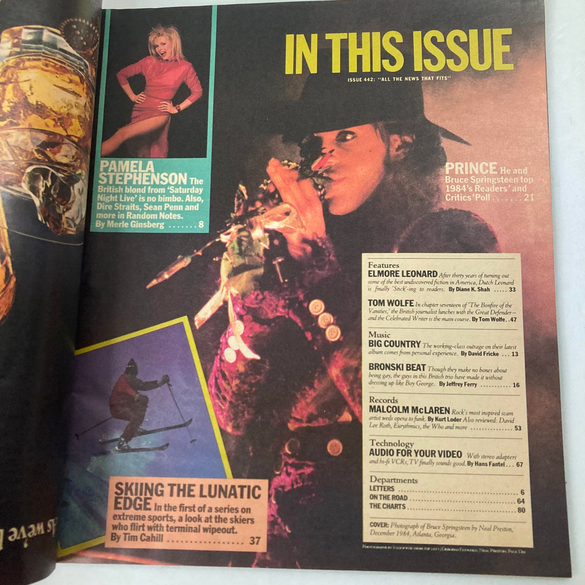 Page from VTG Rolling Stone Magazine February 28 1985 Issue No. 442 showcasing the table of contents, featuring Bruce Springsteen and other notable artists like Prince.