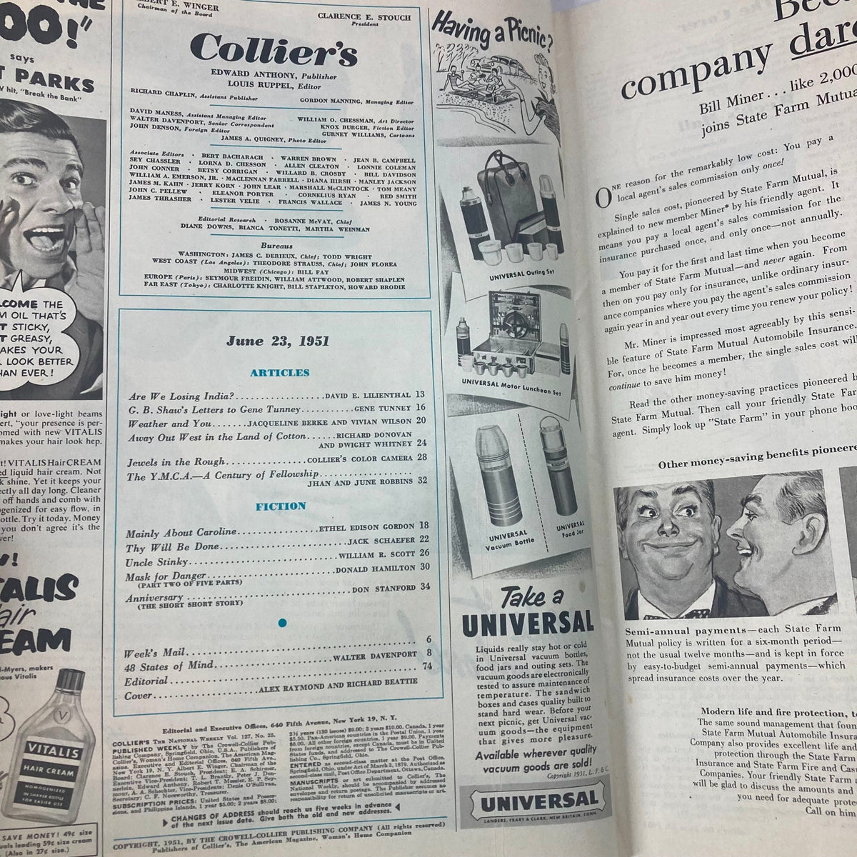 Inside page of VTG Collier's Magazine June 23, 1951, displaying the table of contents and article listings including 'Are We Losing India?' and various advertisements.