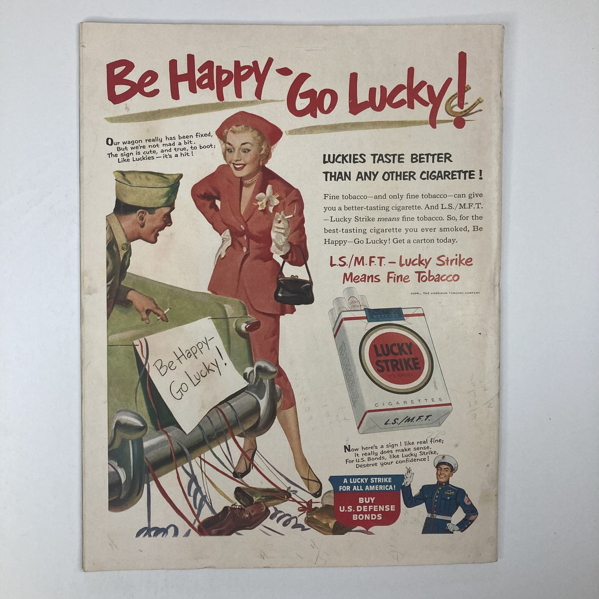 Back cover of VTG Collier's Magazine June 23, 1951, featuring an advertisement for Lucky Strike cigarettes with the slogan 'Be Happy - Go Lucky!'