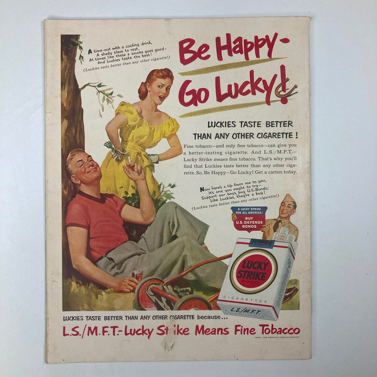 Advertisement from the VTG Collier's Magazine July 21, 1951, promoting Lucky Strike cigarettes with a vibrant illustration of a couple enjoying a moment outdoors.