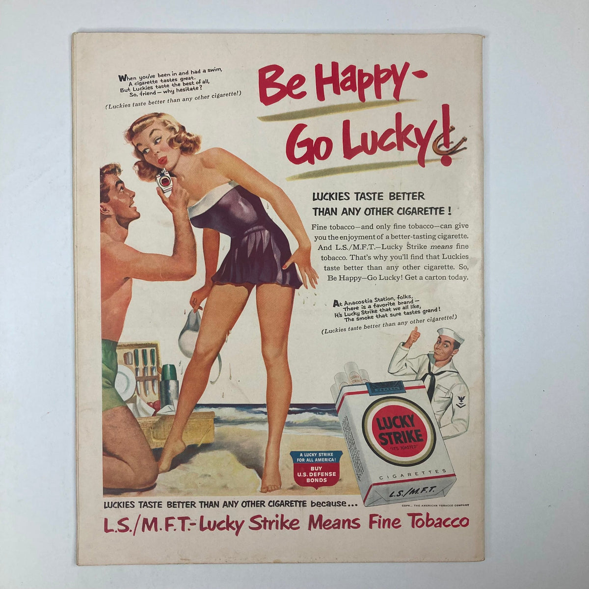 Advertisement from VTG Collier's Magazine August 18 1951 Vol 128 No. 7 for Lucky Strike cigarettes, featuring a beach scene with attractive models promoting the product.