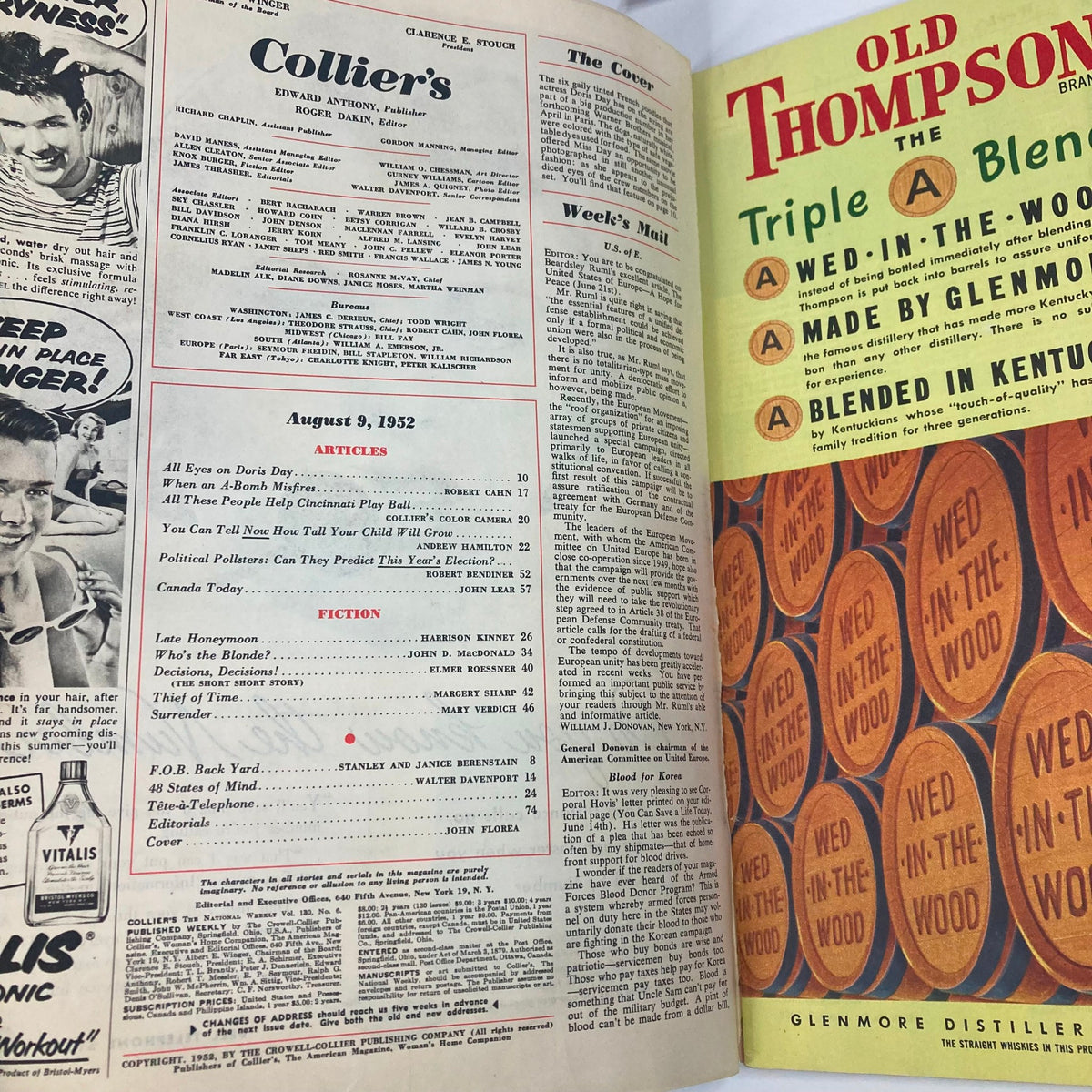 Interior page of VTG Collier's Magazine August 9 1952 displaying the table of contents and featured articles, showcasing the magazine's vintage layout and content.