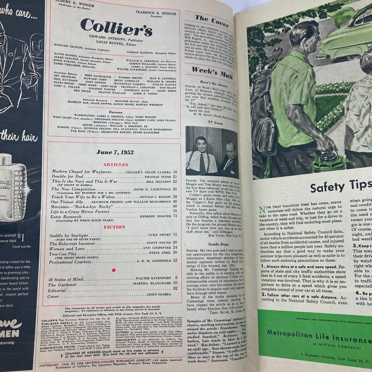 Interior page of VTG Collier's Magazine June 7 1952 listing articles including 'Saddle by Starlight' and features commentary reflecting 1950s culture.