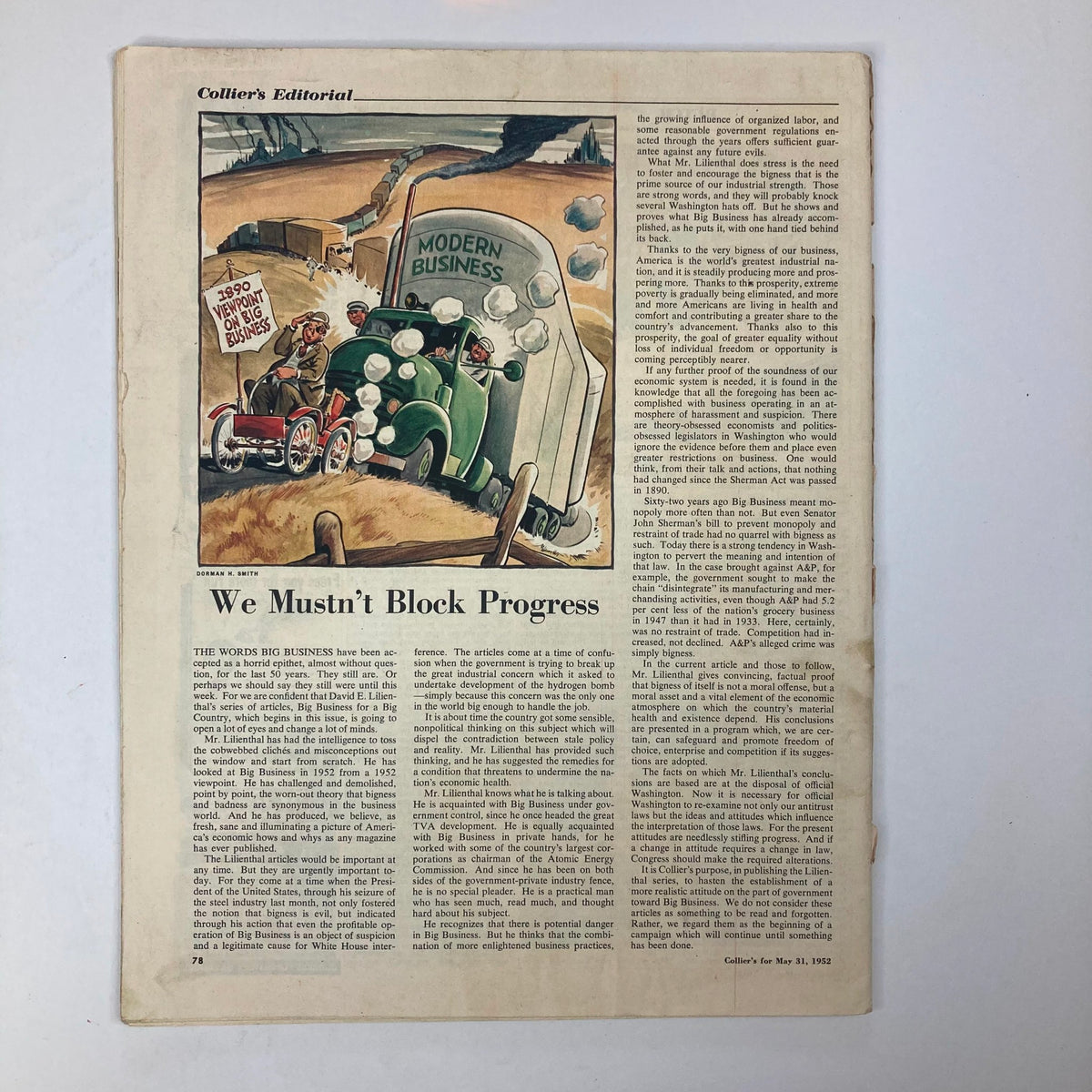 Interior page from VTG Collier's Magazine May 31, 1952 Vol 129 No. 22 titled 'We Mustn't Block Progress,' featuring an illustration of a vintage truck labeled 'Modern Business' and a sign suggesting a connection to big business themes.
