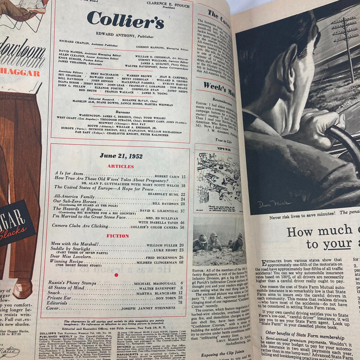 Inside pages of VTG Collier's Magazine from June 21, 1952, showcasing articles and editorial content, featuring Jackie Jensen, an All-America athlete.
