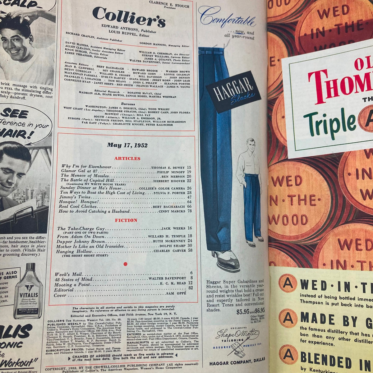 Inside pages of VTG Collier's Magazine May 17 1952 Vol 129 No. 20 showcasing the list of articles and advertisements from the era.