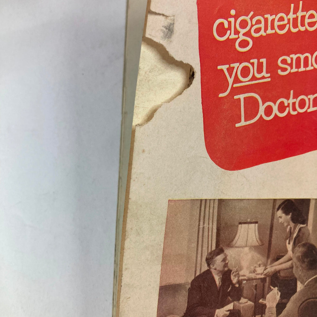 Detail view of the back cover of VTG Collier's Magazine May 17 1952 Vol 129 No. 20 showing an advertisement related to doctors and Camel cigarettes.