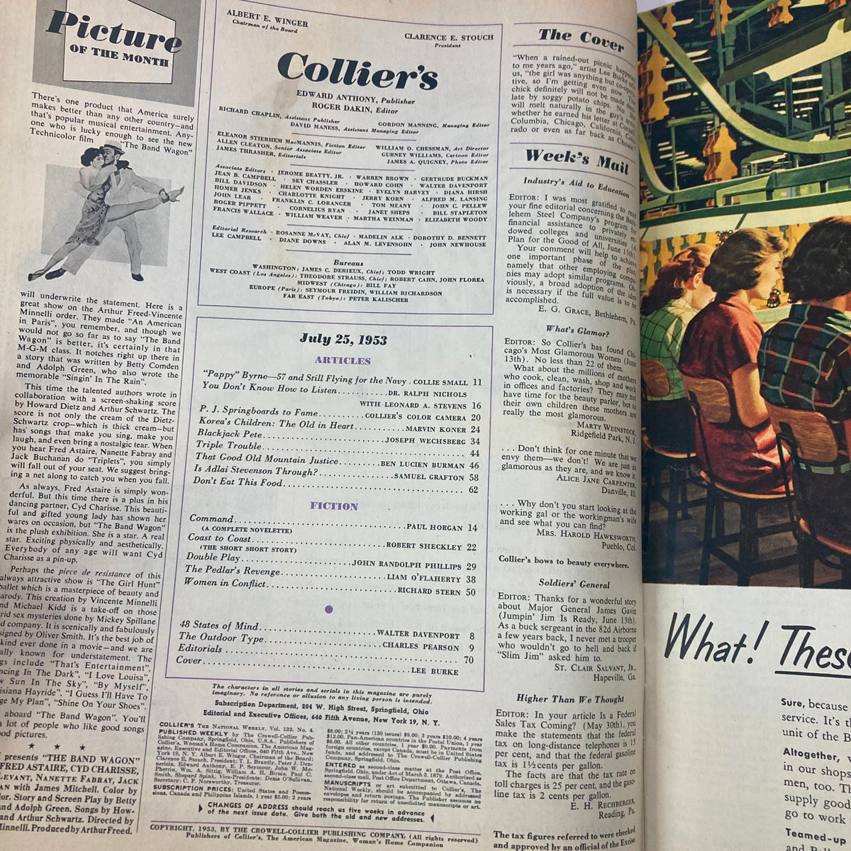 Interior page from VTG Collier's Magazine July 25, 1953 showcasing the table of contents and articles, reflecting the publication's style and historical significance.
