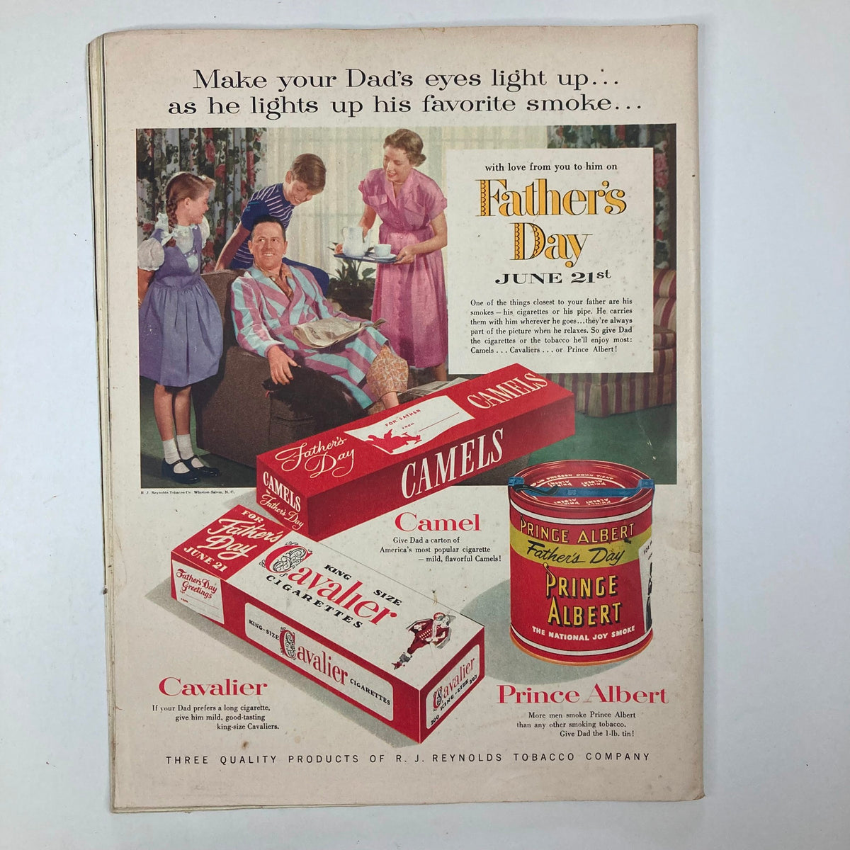 Advertisement from the inside of VTG Collier's Magazine June 13 1953, promoting Father's Day gifts and cigarette brands, showcasing vintage advertising style.