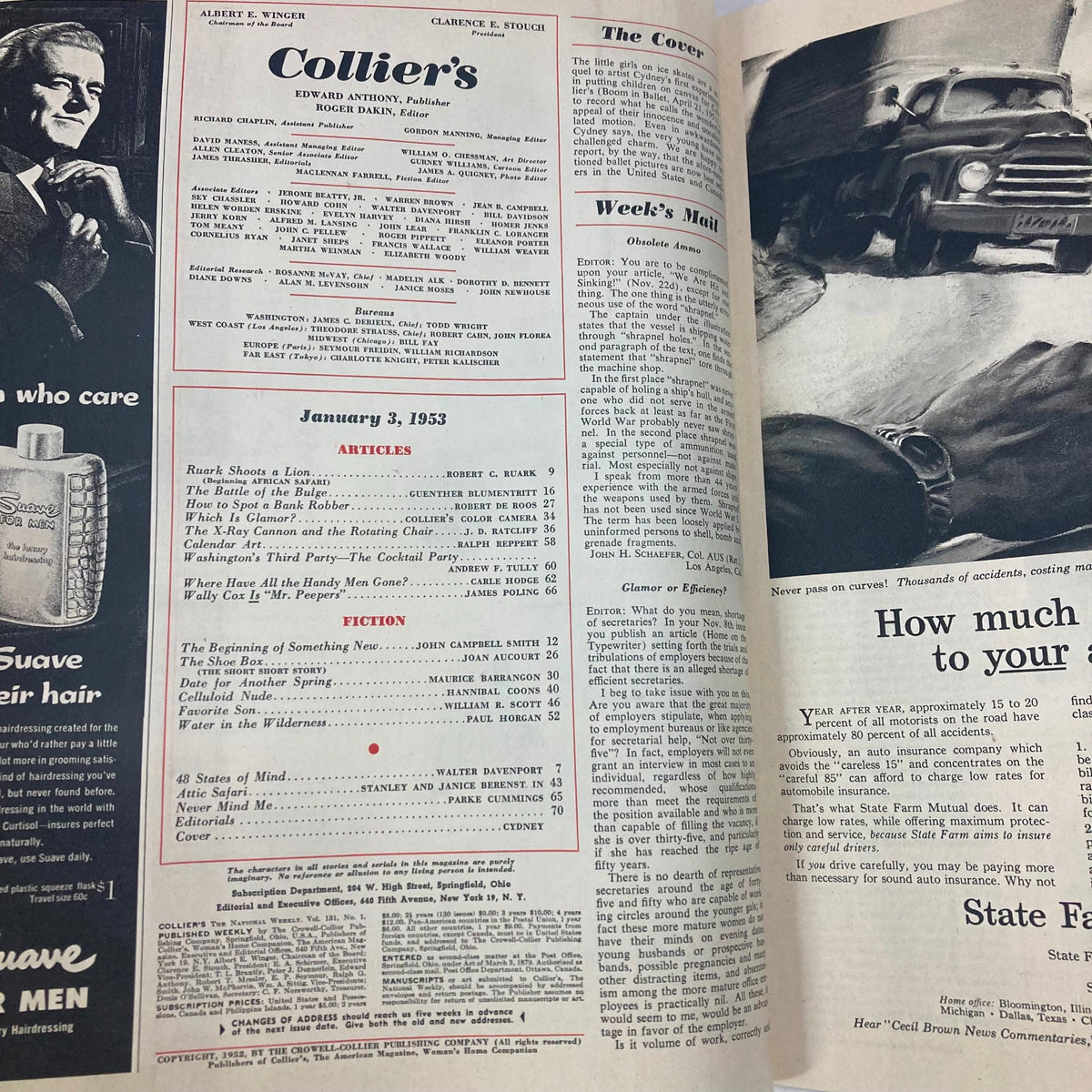Inside view of the VTG Collier's Magazine from January 3, 1953, showcasing the table of contents and articles including 'The Battle of The Bulge.'