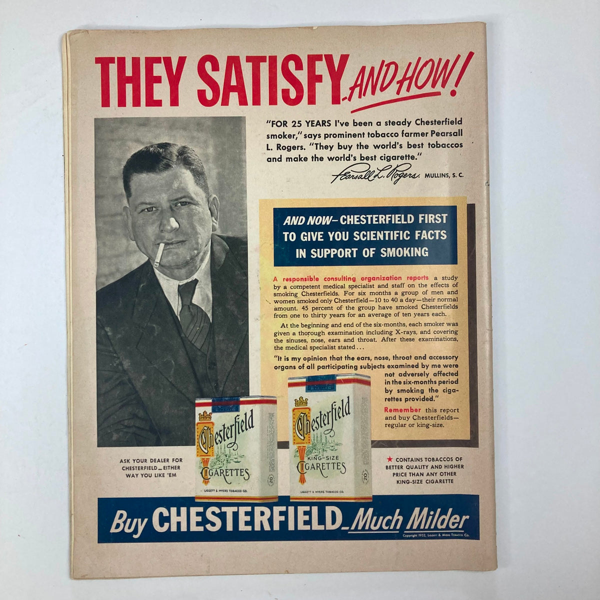 Vintage advertisement featuring Chesterfield cigarettes from the January 3, 1953 edition of VTG Collier's Magazine, emphasizing support for smoking through scientific facts.