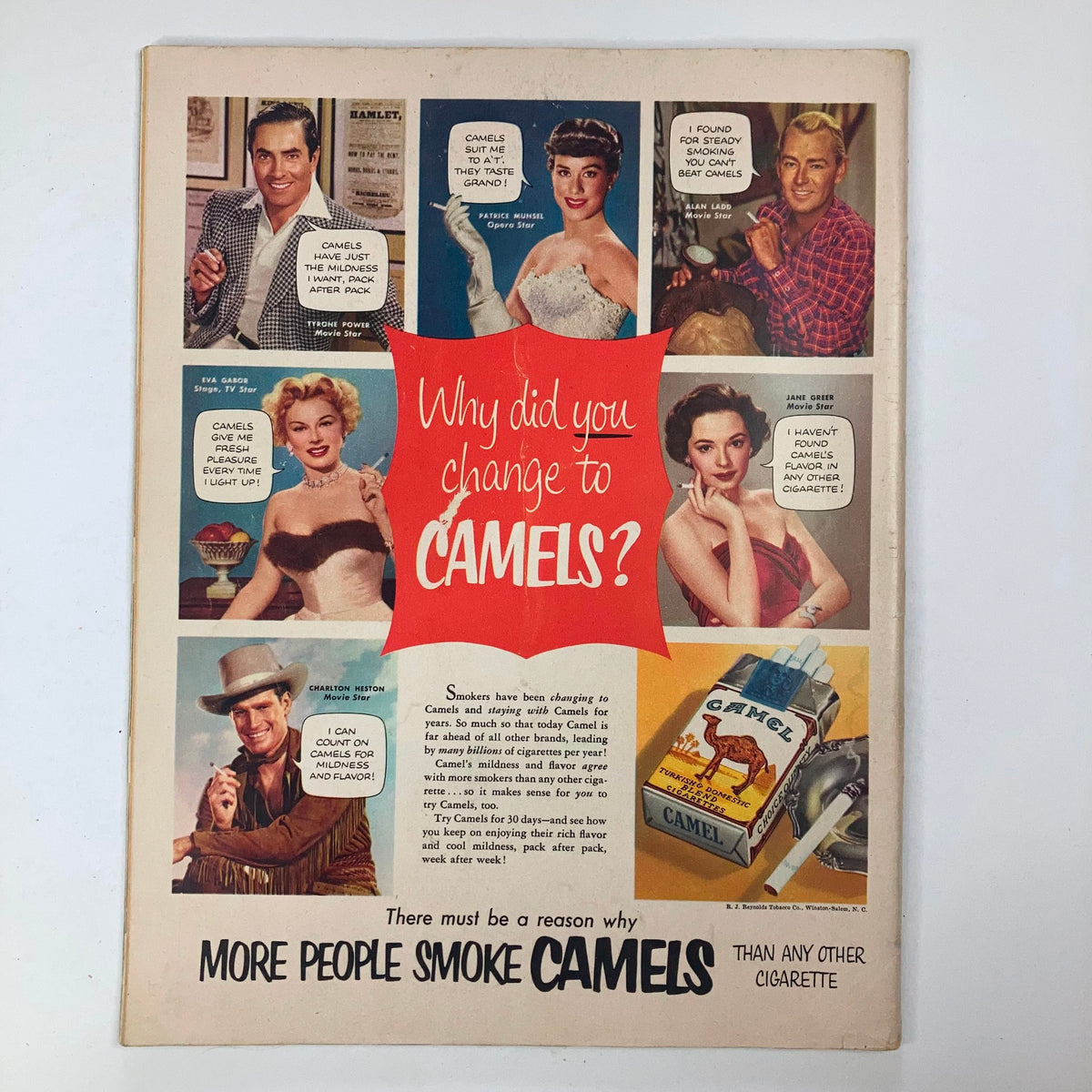 Advertisement page in VTG Collier's Magazine August 7 1953 promoting Camel cigarettes, asking 'Why did you change to CAMELS?' with celebrity endorsements.