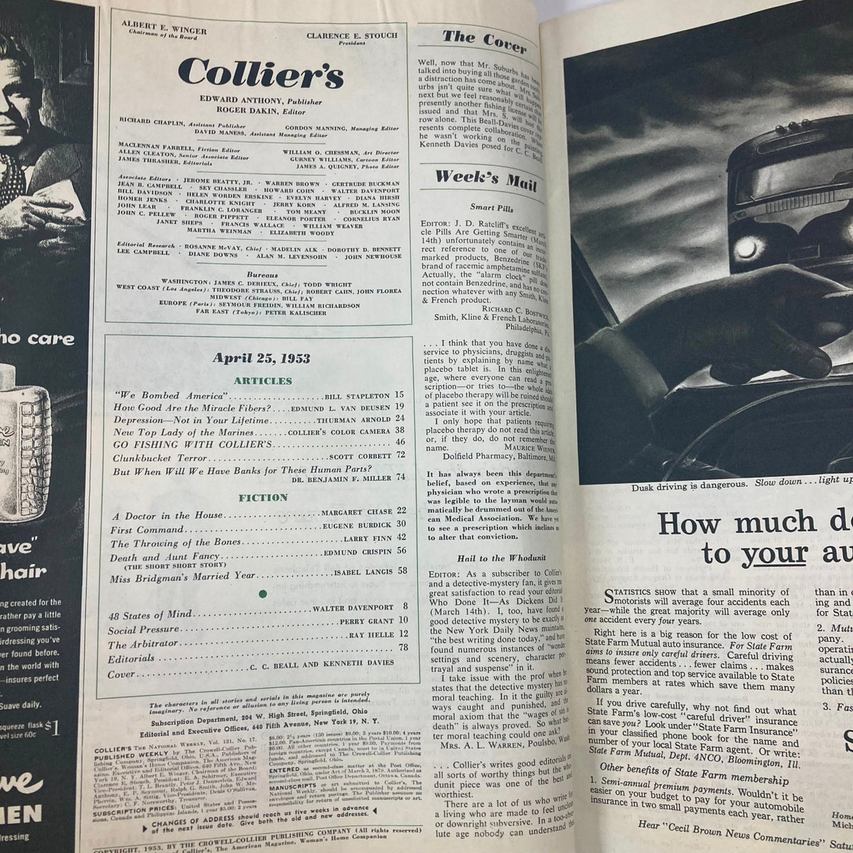 Interior page of Vintage Collier's Magazine April 25, 1953, showcasing articles and advertisements, reflecting the content and layout of the magazine.